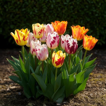 Blumenzwiebeln Tulp Flaming Beauty Mix | 15 Stück Bunte Farben – Zwiebelgröße 11/12 – XXL Pack - Wurzelwerk Design
