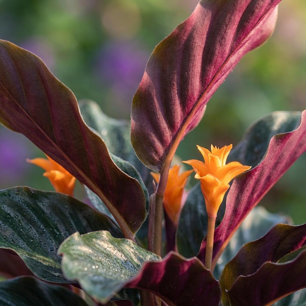 Zwei Calathea Crocata Pflanzen, Ø 14 cm, Höhe 40-45 cm, mit dunkelgrünen Blättern und goldgelben Mustern, Everspring.