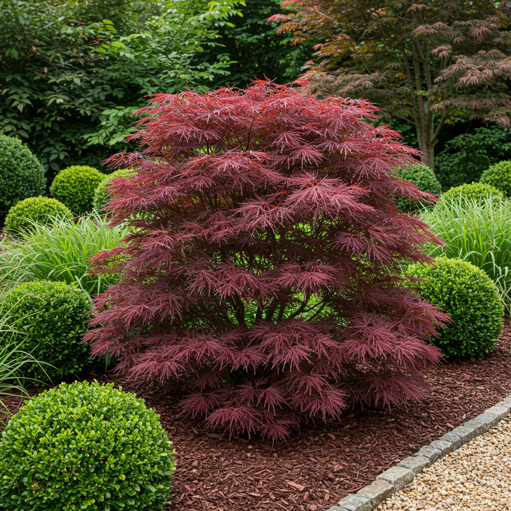 Zwei japanische Ahornbäume Acer palmatum Sumi-nagashi mit roten Blättern, in 19cm Töpfen, etwa 70cm hoch, laubabwerfend