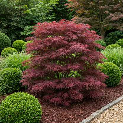 Zwei japanische Ahornbäume Acer palmatum Sumi-nagashi mit roten Blättern, in 19cm Töpfen, etwa 70cm hoch, laubabwerfend