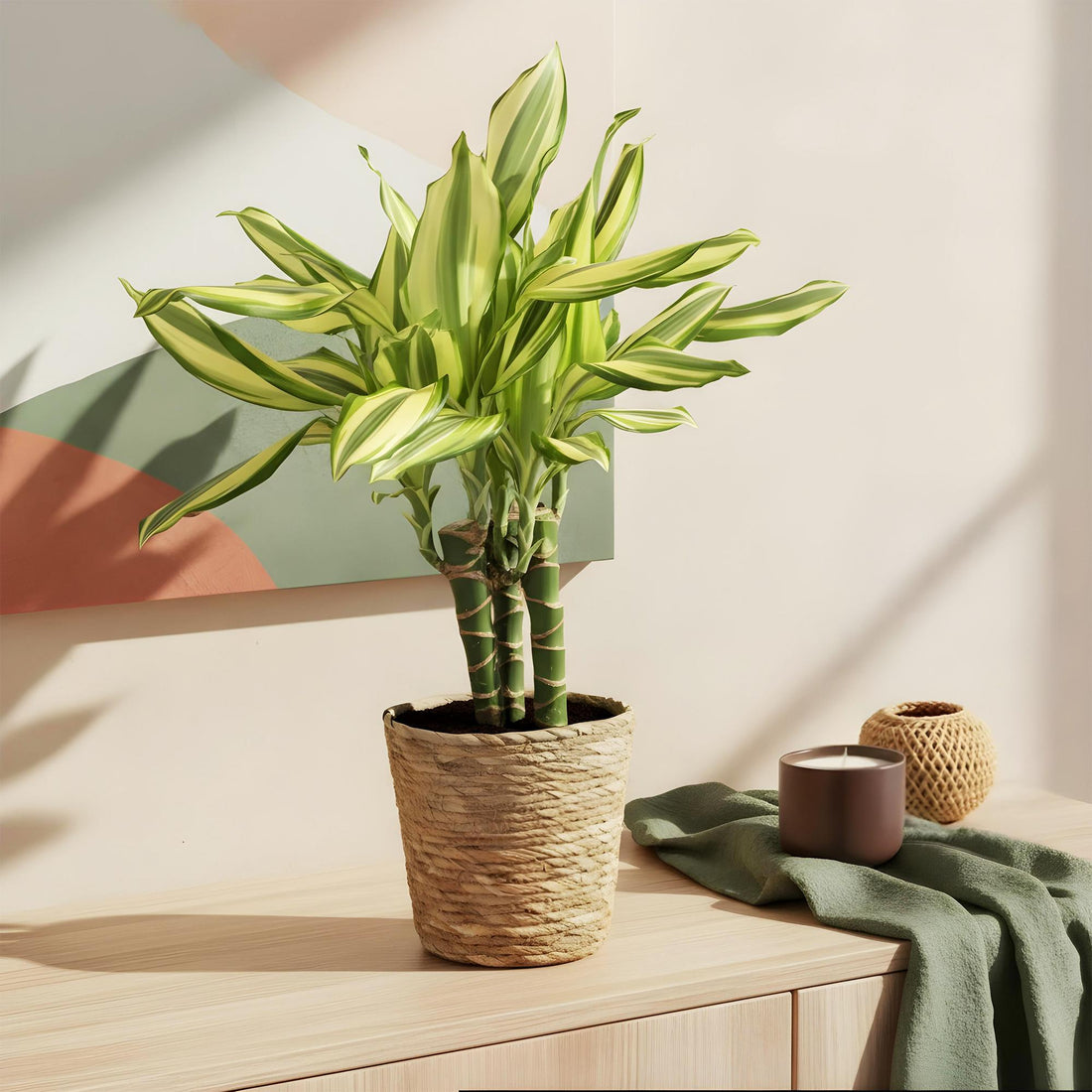 Everspring Dracaena fragrans Diamond Dream, Drachenbaum in Korb, 50-55cm hoch, grüne Blätter, dekorative Zimmerpflanze