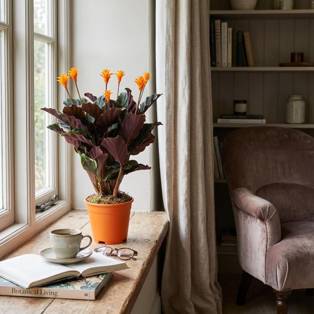 Everspring Calathea Crocata Pflanze, Ø 14 cm, Höhe 40-45 cm, grüne Blätter mit orangenen Blüten, Zimmerpflanze