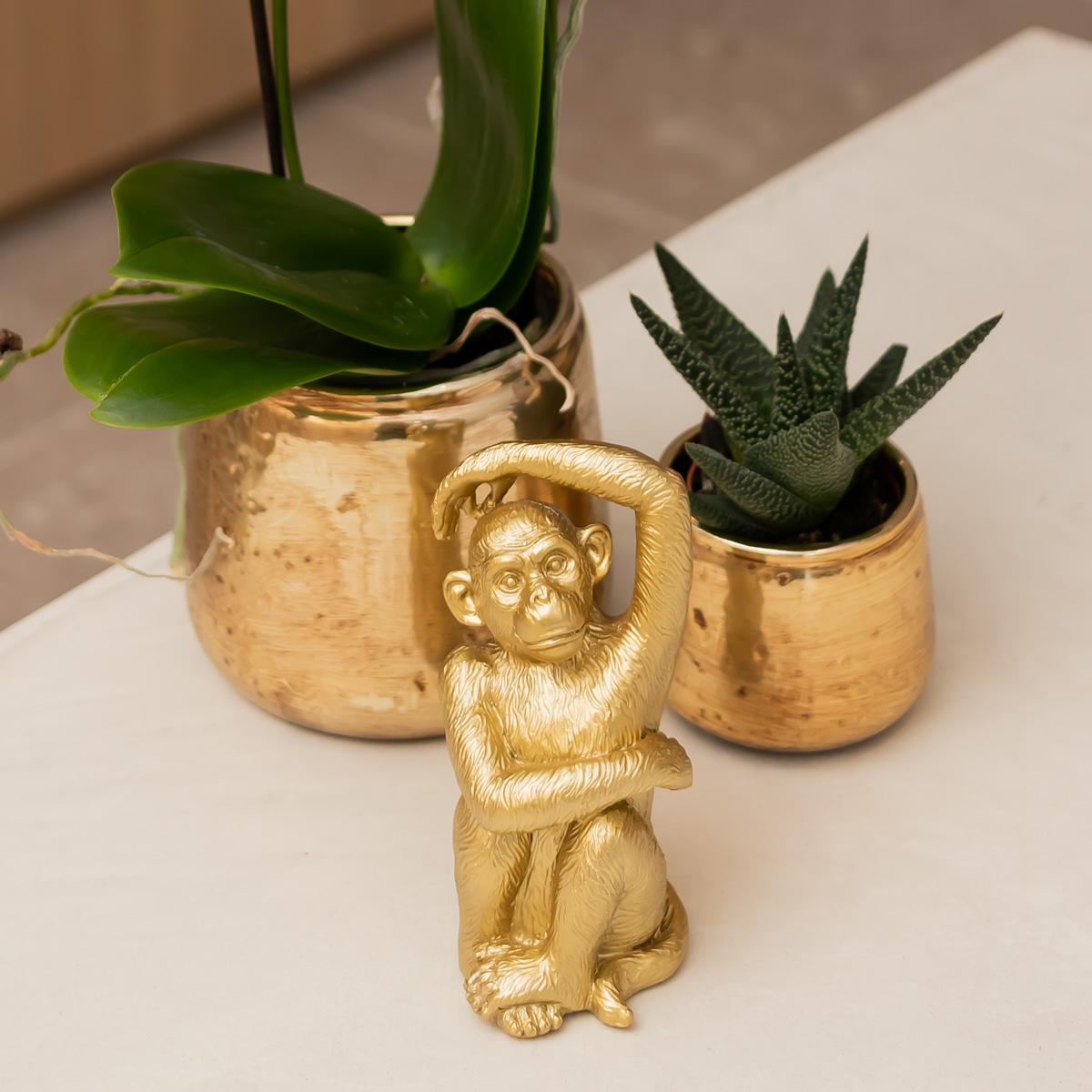 Deko - Skulptur Sitzender Affe - Gold - Wurzelwerk Design