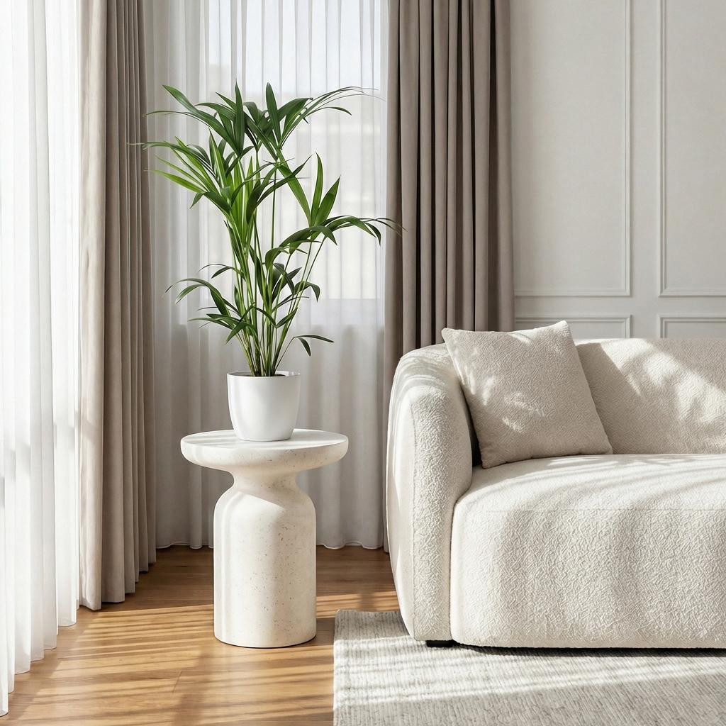 Howea forsteriana Kentia-Palme, ca. 80–85 cm hoch, im weißen oder grauen Potter-Topf bzw. Korb als dekorative Zimmerpalme