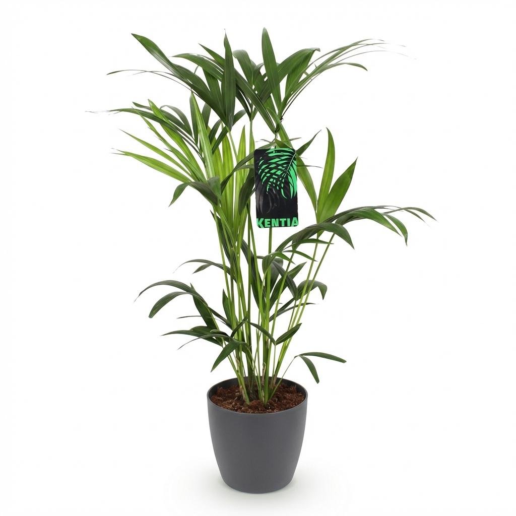 Everspring Howea Forsteriana Kentia Palme in weißem, grauem Topf oder Korb, Höhe 80-85cm, Zimmerpflanze, Topfpflanze