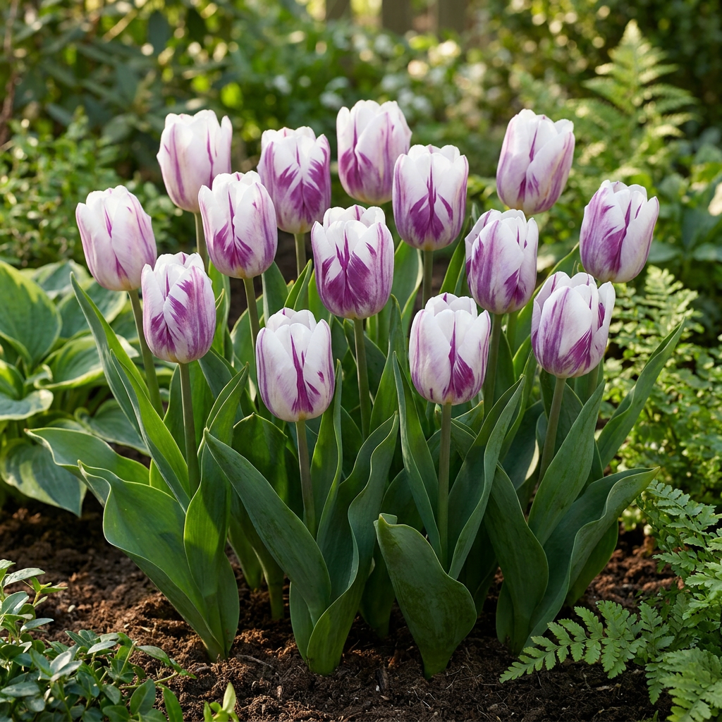 Tulpe Flaming Flag – Tulipa online kaufen | 15 bis 120 Blumenzwiebeln, Weiß-Violett geflammt – Wurzelwerk Design