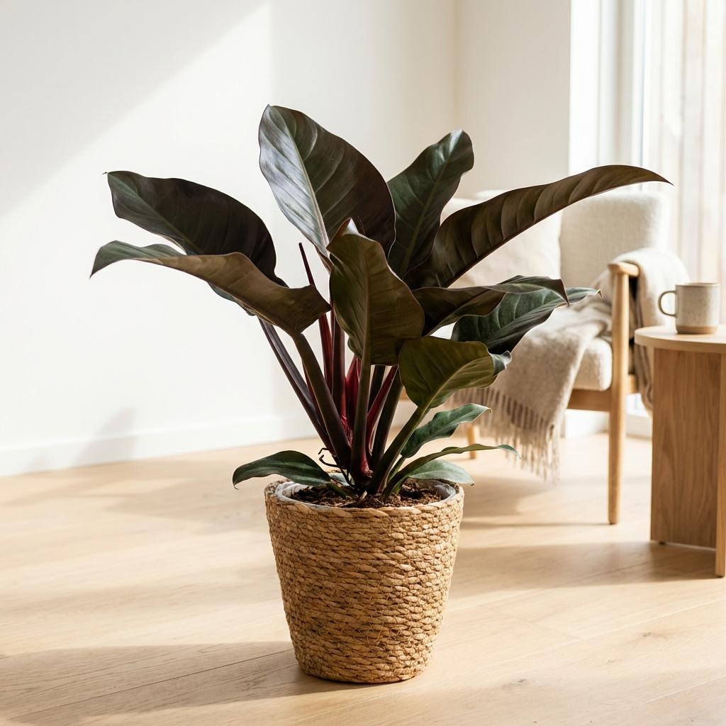 Grüne Zimmerpflanze Philodendron Imperial Red in Korb, Pflegeleicht, Höhe 60cm, Topf 19cm, von Everspring.