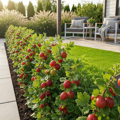 Stachelbeere ‘Hinnonmäki Rot’– winterhart – 6 Pflanzen – Topf Ø 9 cm – 10–25 cm – Gartenpflanze im Topf, ideal für Beet, Balkon oder Terrasse