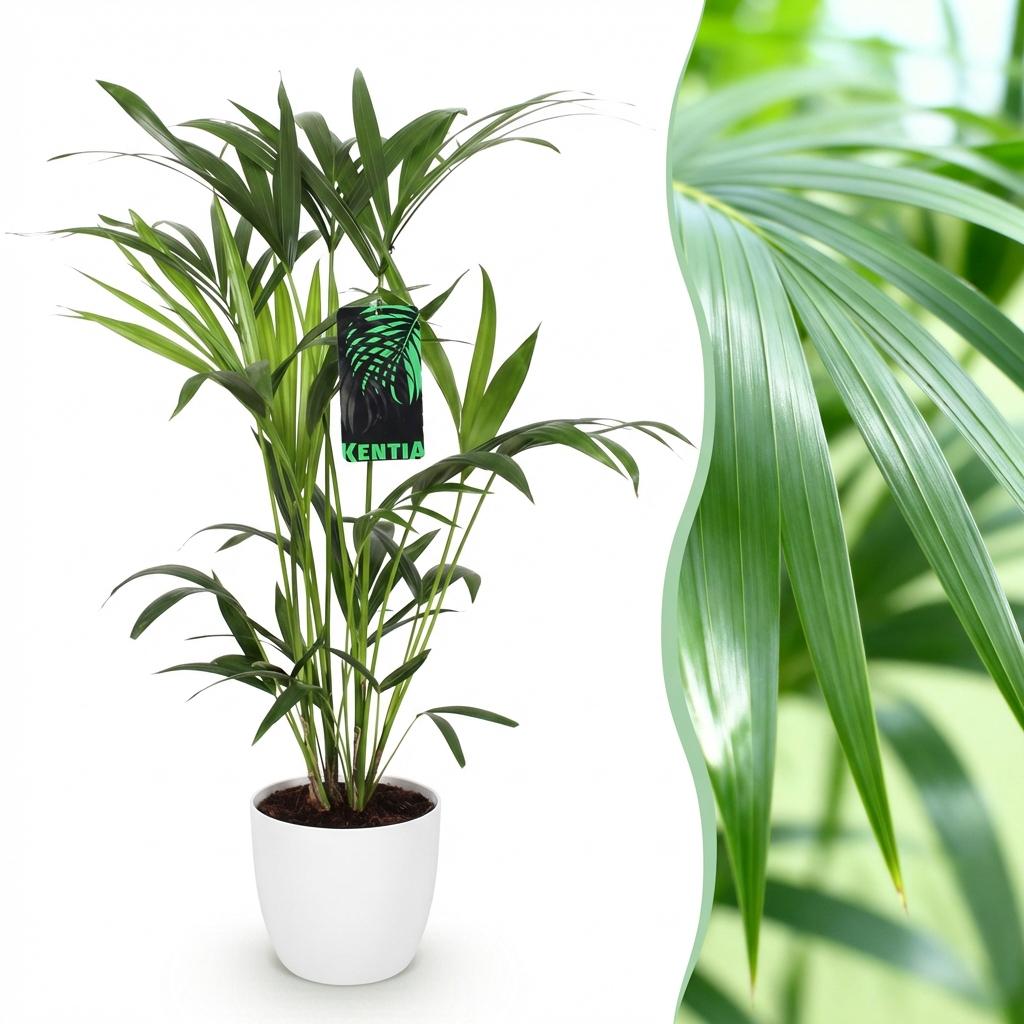 Everspring Howea Forsteriana Kentia Palme im weißen, grauen Topf oder Korb, Höhe 80-85cm, Zimmerpflanze für Innenräume
