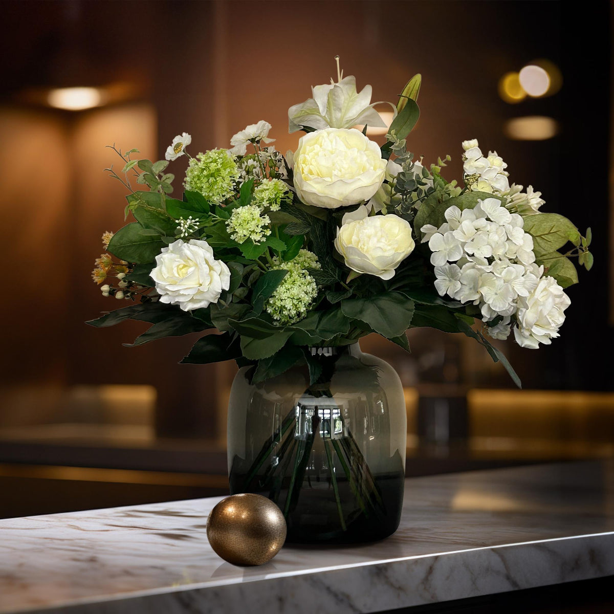 Everspring Kunstblumen Bouquet M White Dream, 60 cm, realistisch wirkende künstliche Blumen in einem eleganten weißen Design
