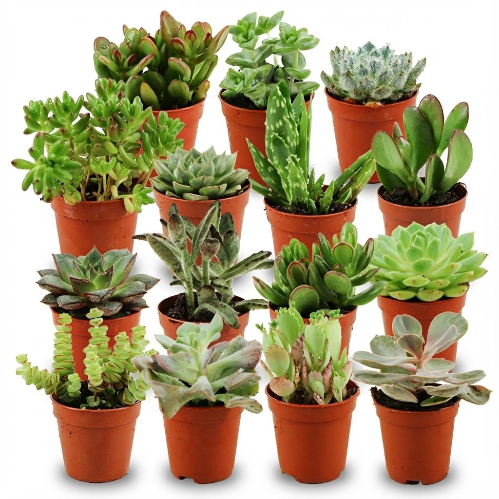 Mini Sukkulenten Mix von Everspring, 15 Stück, Ø 5,5 cm, verschiedene kleine Sukkulenten in Grün und Grau, auf hellen Hintergründen