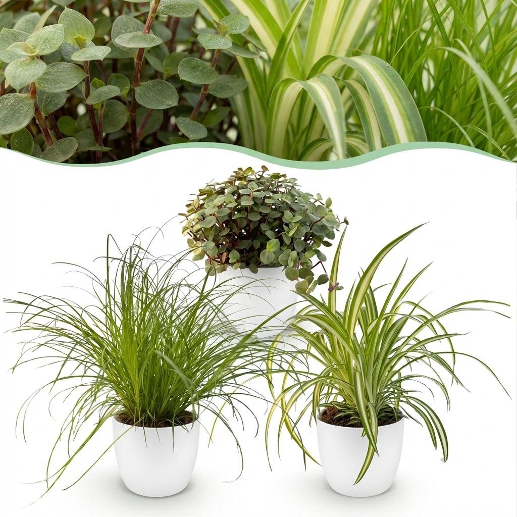 Drei Zimmerpflanzen im weißen, grauen oder Korb-Topf, inklusive Cyperus, Calissia und Chlorophytum, etwa 20 cm hoch