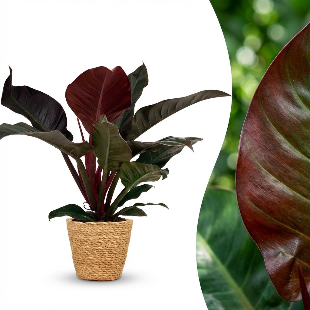 Grüner Philodendron Imperial Red Zimmerpflanze von Everspring mit rotem Blatt und Korb, Höhe 60 cm, pflegeleicht.