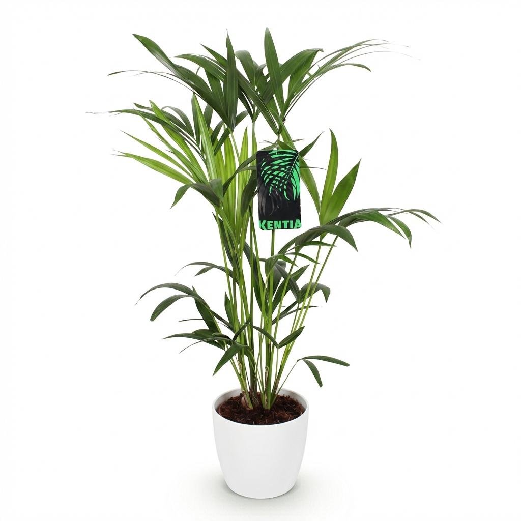 Everspring Howea Forsteriana Kentia Palme in weißem, grauem Topf oder Korb, 80-85 cm hoch, Zimmerpflanze mit grünen Blättern