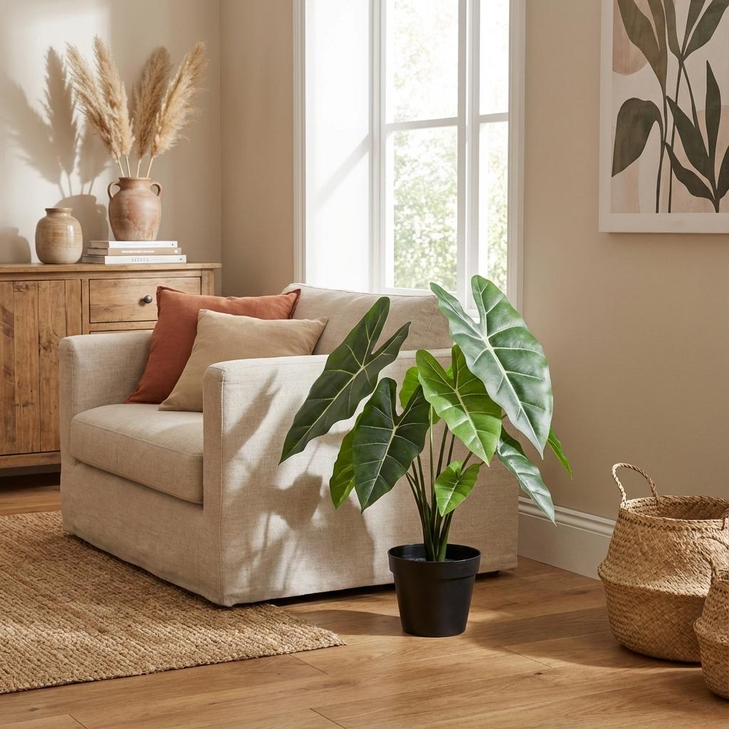 Künstliche Alocasia Polly Pflanze von Everspring, 40 cm hoch, mit großen grünen Blättern, realistische Nachbildung für Wohnraumdekoration