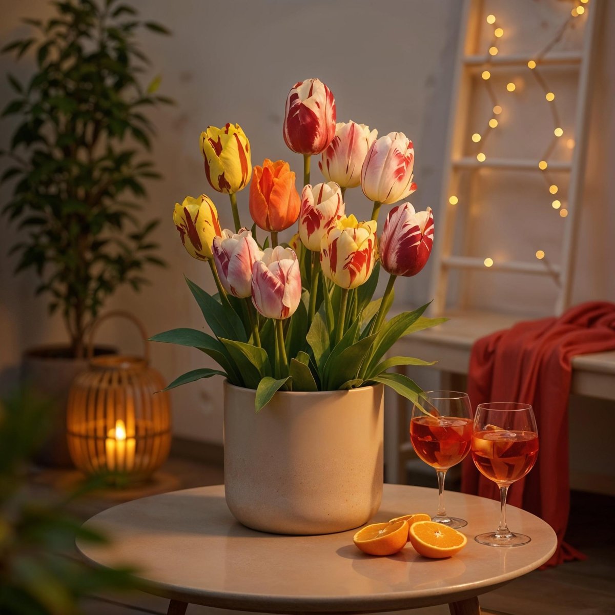 Blumenzwiebeln Tulp Flaming Beauty Mix | 15 Stück Bunte Farben – Zwiebelgröße 11/12 – XXL Pack - Wurzelwerk Design