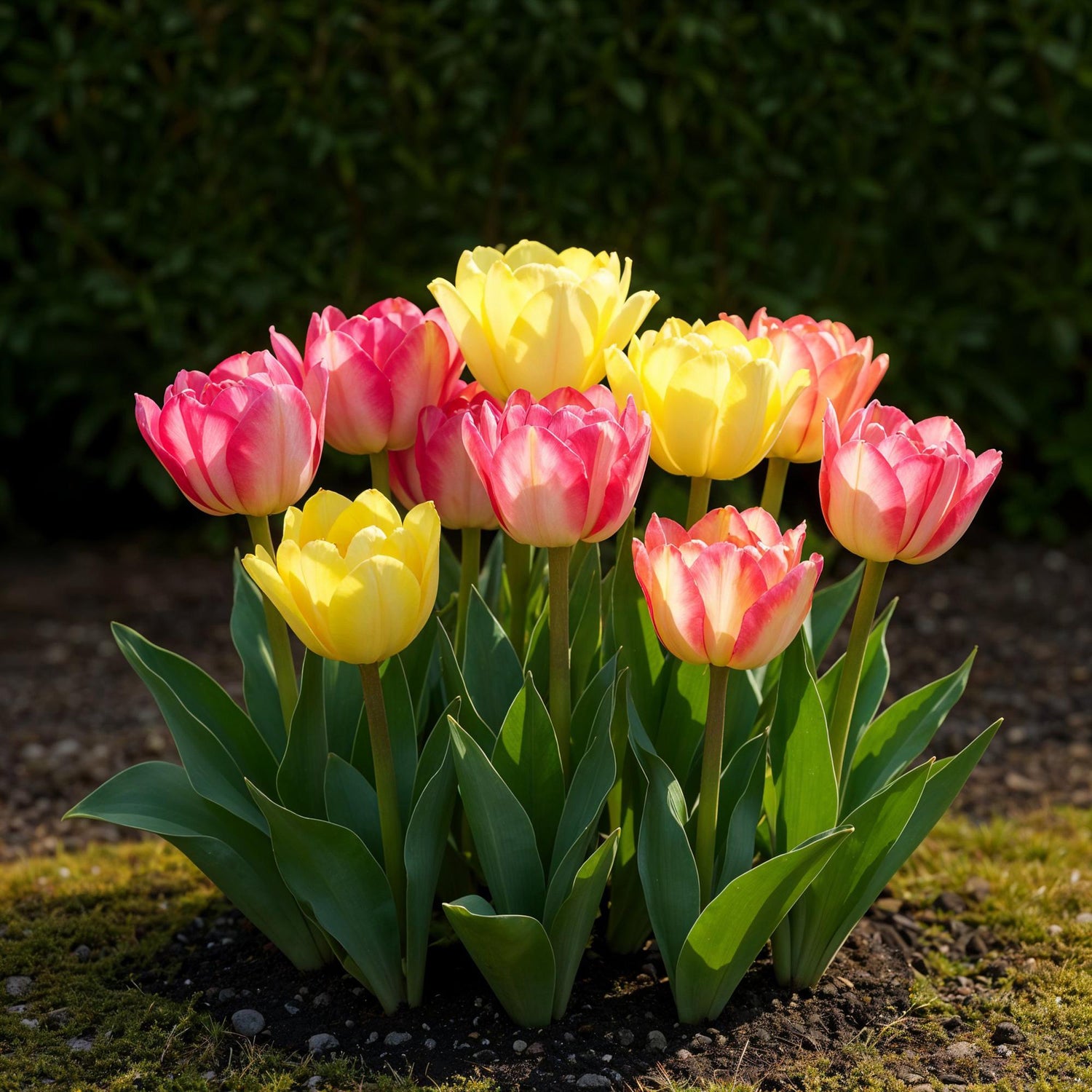 Bunte Tulpen Foxtrot Mix, 12 Zwiebeln, Everspring, in einem Gartenbeet gepflanzt, fröhliche Frühlingsblumen in Nahaufnahme