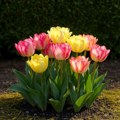 Bunte Tulpen Foxtrot Mix, 12 Zwiebeln, Everspring, in einem Gartenbeet gepflanzt, fröhliche Frühlingsblumen in Nahaufnahme