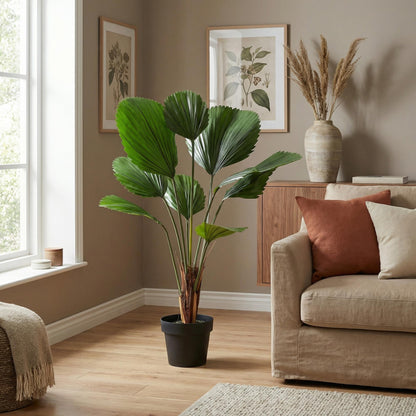 Kunstpflanze Licuala Grandis von Everspring, 104 cm hohe künstliche Palme mit grünen Blättern, Dekorationspflanze für Innenräume