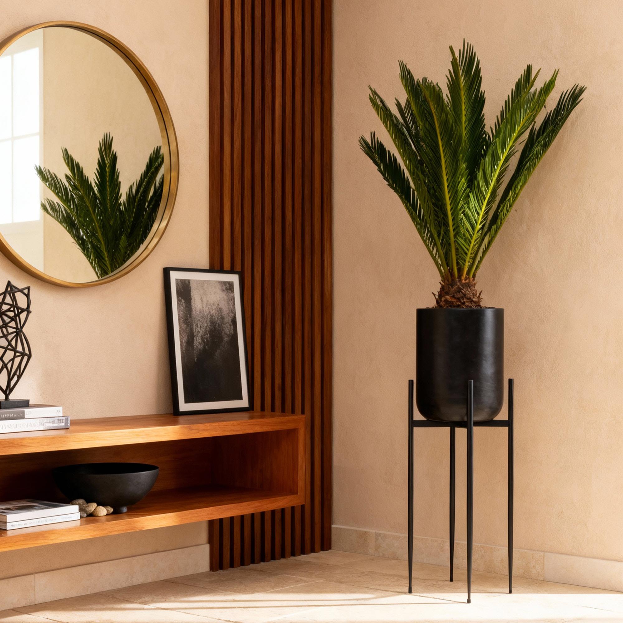Everspring Palmfarn (Cycas revoluta) in verschiedenen Größen, grüne Pflanze mit fächerförmigen Blättern, Nahaufnahme der Blätter