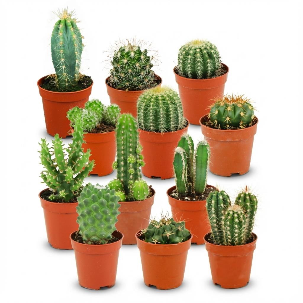 Mini Kakteen Set von Everspring mit 12 kleinen Kakteen, Durchmesser 5,5 cm, Höhe 5-10 cm, auf einer weißen Oberfläche.
