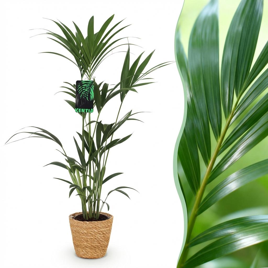 Everspring Kentia-Palme Howea Forsteriana, 120-130cm, mit Korb oder Topf, grüne Pflanze auf Bild.