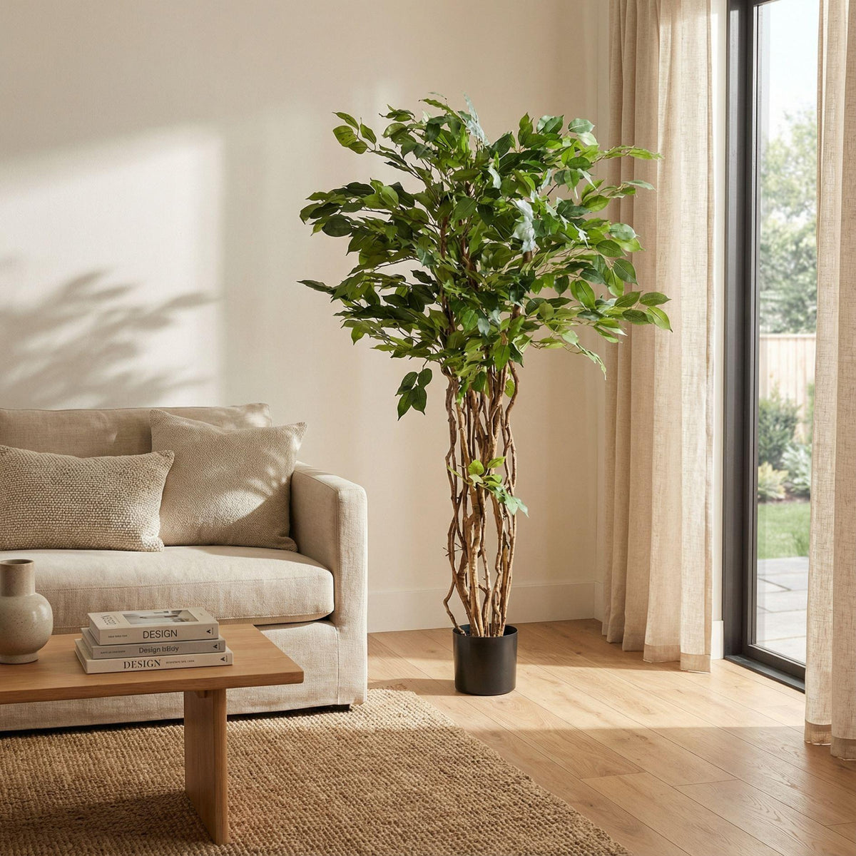 Künstlicher Ficus Liana Baum, 140 cm hoch, Everspring, mit grünen Blättern, realistisch aussehende Zimmerpflanze.
