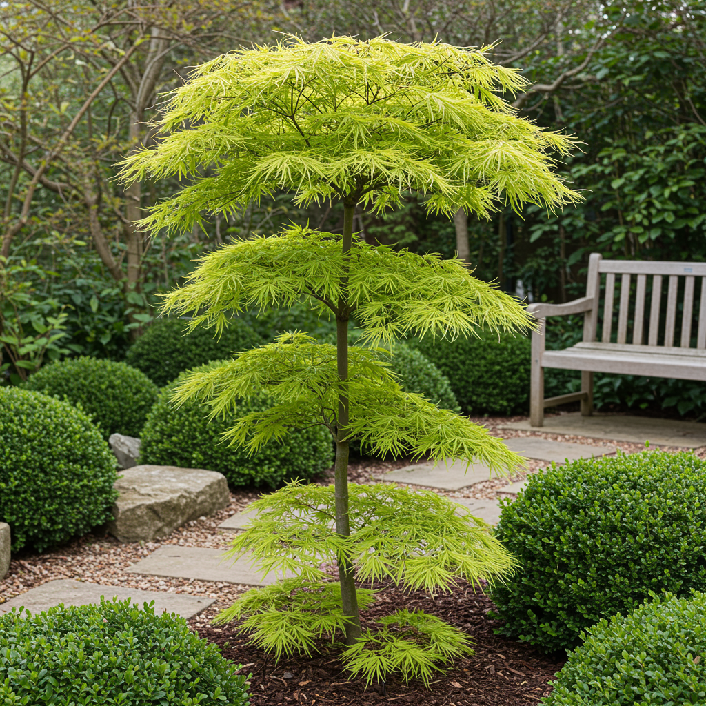 Zwei grüne japanische Ahornpflanzen Acer palmatum Koto-no-ito in Töpfen, laubabwerfend, Höhe etwa 70 cm, Topf 19 cm Durchmesser.