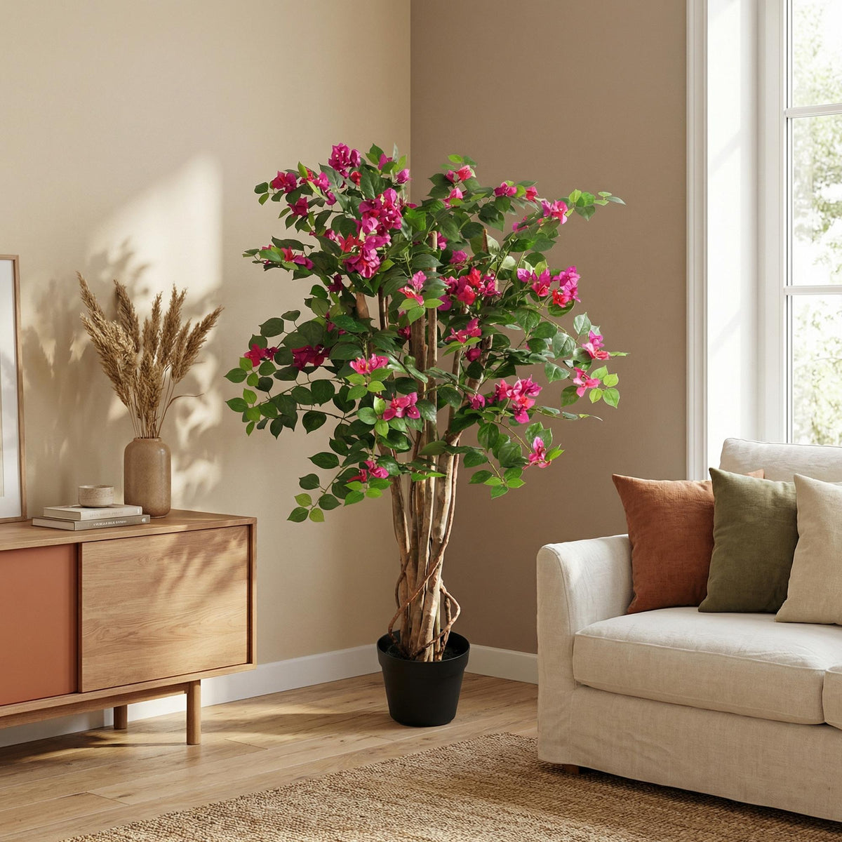 Kunstpflanze Bougainville, 120 cm, Everspring, detailreiche, grüne Pflanze aus Kunststoff mit bunten Blüten.