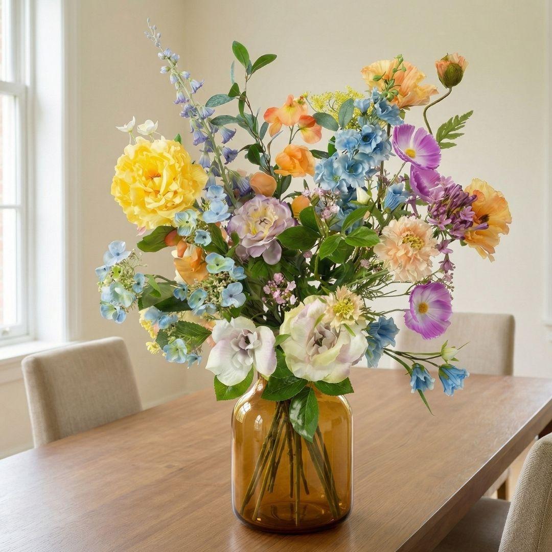 Kunstblumenstrauß Soft Spring Deluxe von Everspring, 18 real touch Stiele, ca. 85 cm hoch, bunte Frühlingsblumen.