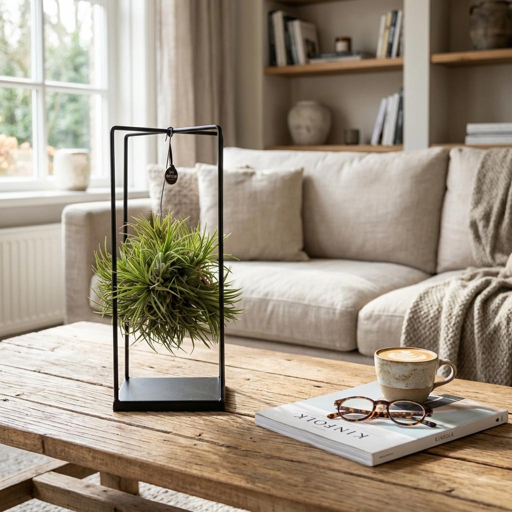 Everspring Tillandsia Luftpflanze im Dekor, Durchmesser 14 cm, Höhe 37 cm, grüne Pflanze in dekorativer Präsentation