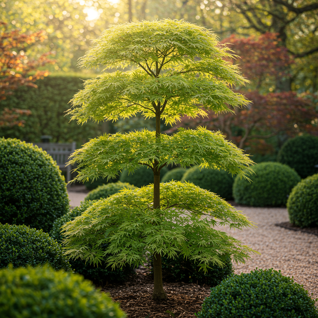 Japanischer Ahorn Acer palmatum Emerald Lace, grüne Laubpflanze in Topf mit 19cm Durchmesser, etwa 70cm hoch, laubabwerfend.