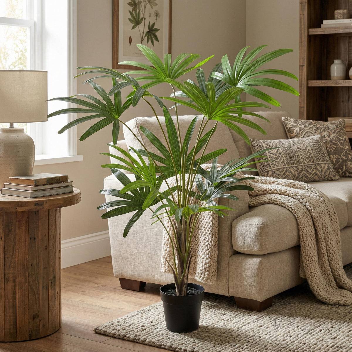 Künstliche Rhapis Palmenpflanze von Everspring, 120 cm hoch, mit grünen Blättern in Top-Ansicht.
