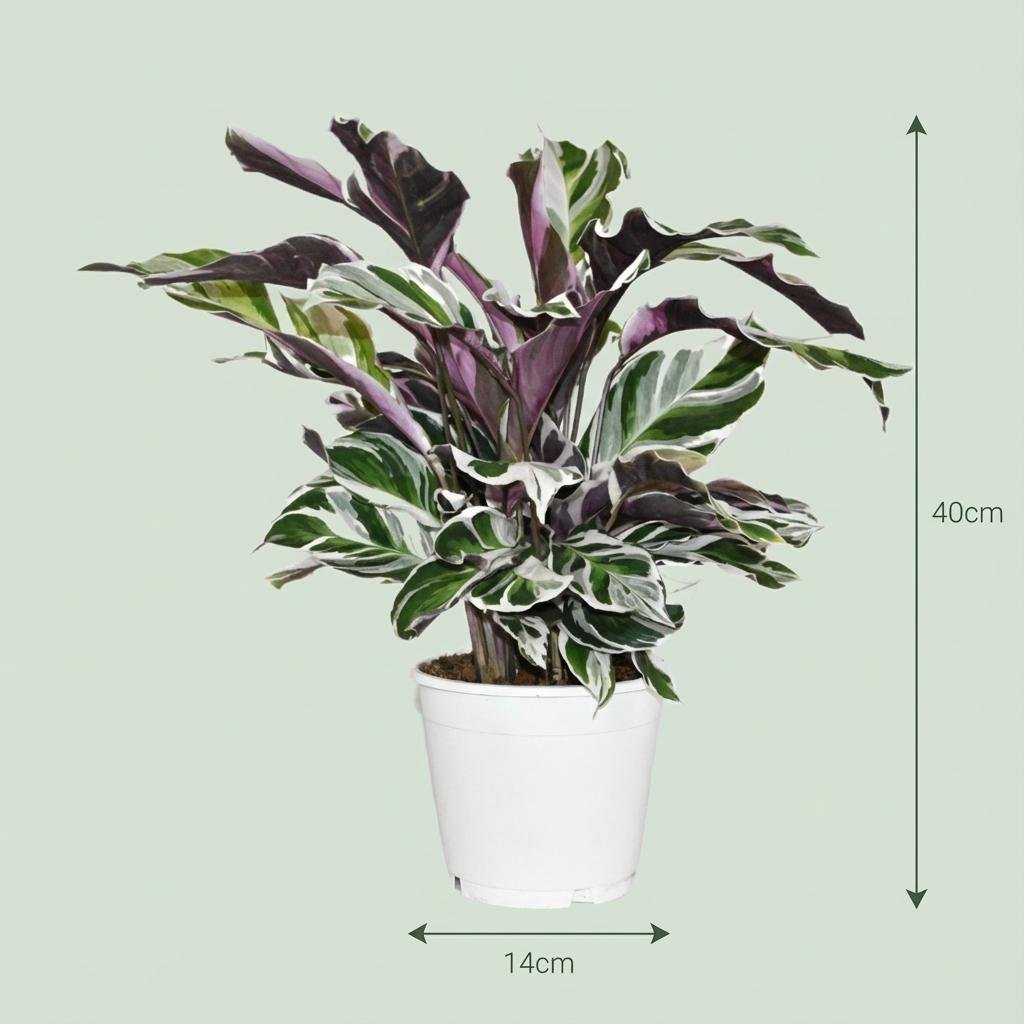 Everspring Calathea Fusion White Pflanze, 14 cm Durchmesser, 35-40 cm hoch mit grünen und weißen Blättern.