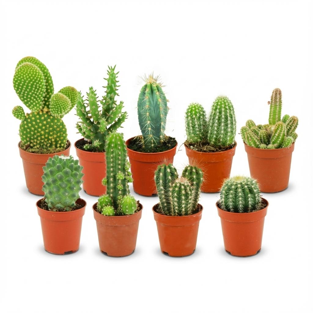 Mini Kakteen Set von Everspring mit 9 kleinen Kakteen, Durchmesser ca. 5,5 cm, Höhe 5-10 cm, auf Thumbnail-Bild sichtbar.