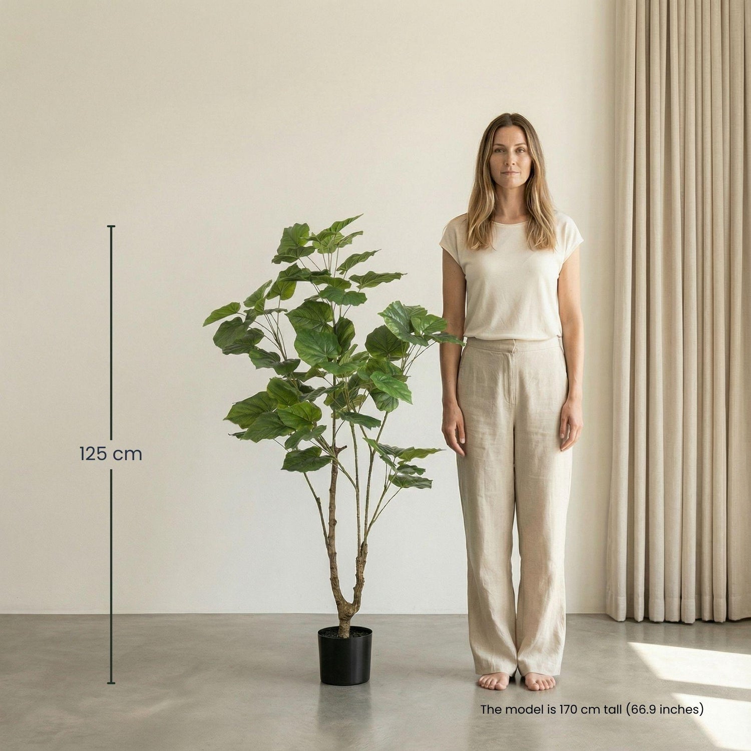 Kunstpflanze Ficus-Schirmbaum, 125 cm, Everspring, grüne Blätter, realistische Zimmerpflanze als Dekoration