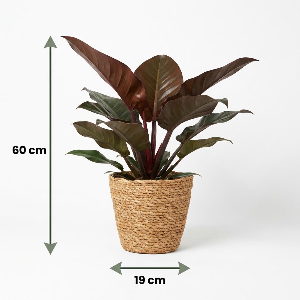 Grüner Philodendron Imperial Red Zimmerpflanze von Everspring in Korb, 60cm hoch, pflegeleicht, rotes Laub, Topf 19cm.