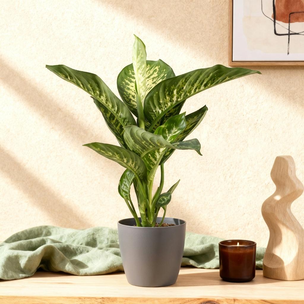 Everspring Diefenbachia Tropic Snow mit grauer und weißer Potter, 90-100cm hohe Pflanze, grüne Blätter mit weißen Mustern