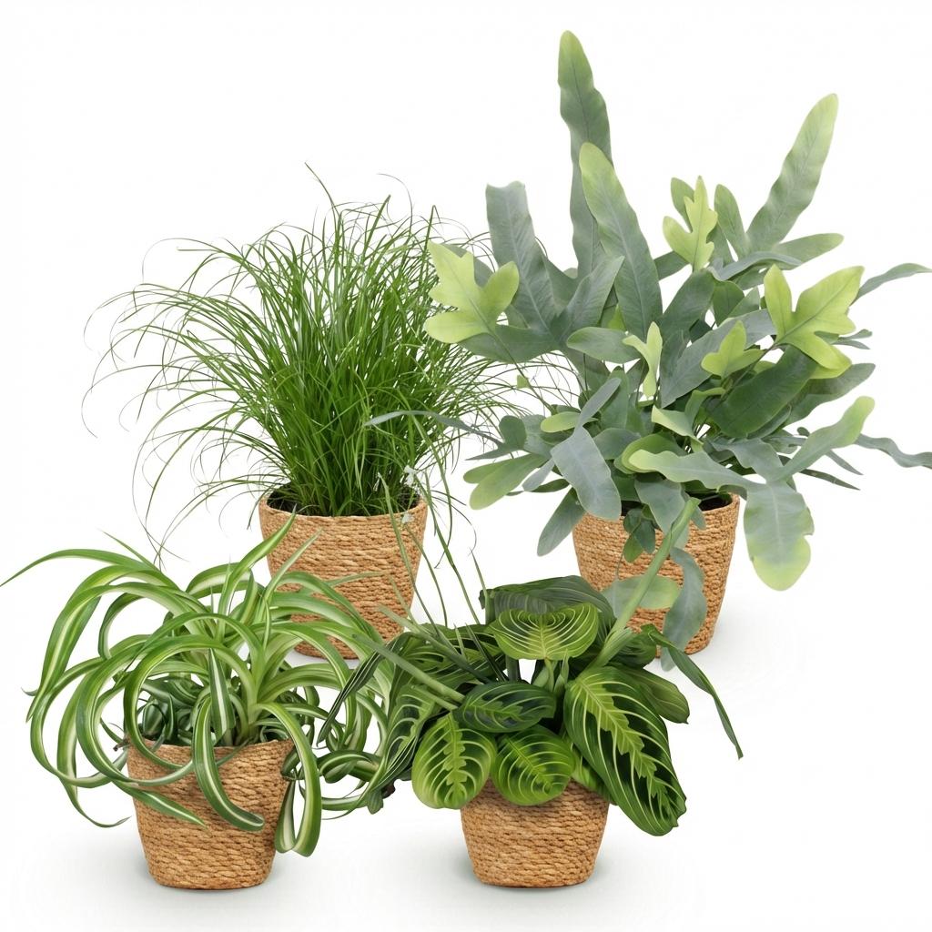 Vier Zimmerpflanzen im Everspring-Set mit Potter oder Korb, inklusive Chlorophytum, Cyperus, Phlebodium und Marantha, 25cm hoch.