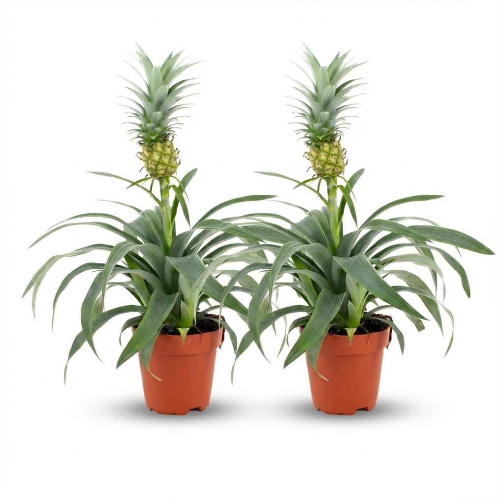 Everspring Ananaspflanze Mi Amigo, 2 Stück, Ø 12 cm, Höhe 35-40 cm, grüne Blätter und fruchtähnliche Ananas.