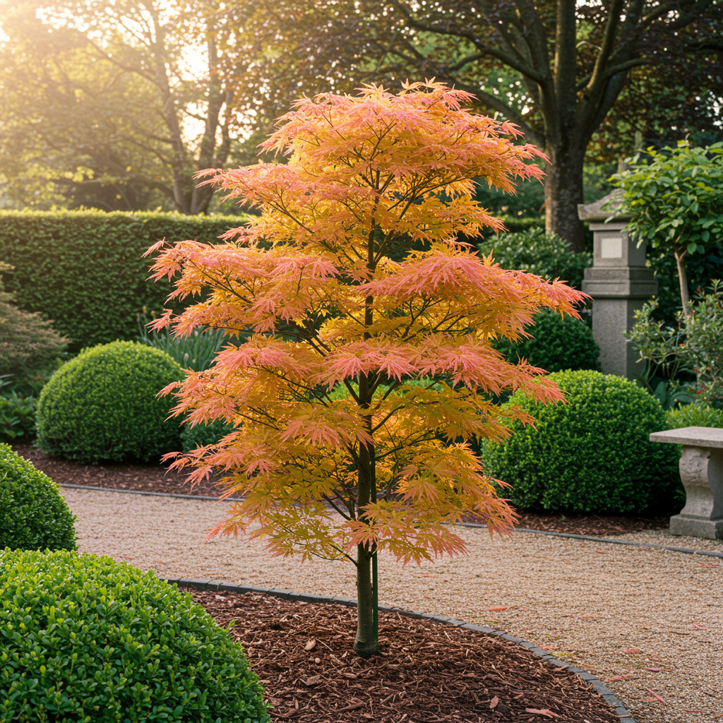 Japanischer Ahorn Acer palmatum Katsura mit orangefarbenem Laub, Topf, 19cm Durchmesser, Höhe 70cm, laubabwerfend, Everspring.