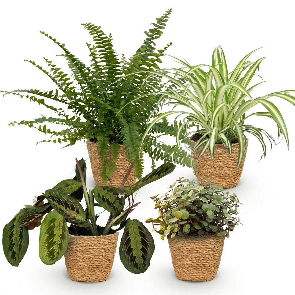 Vier Zimmerpflanzen Set mit Chlorophytum, Maranta, Calissia und Nephrolepsis in weißen, grauen oder Korb-Containern, 25 cm hoch.