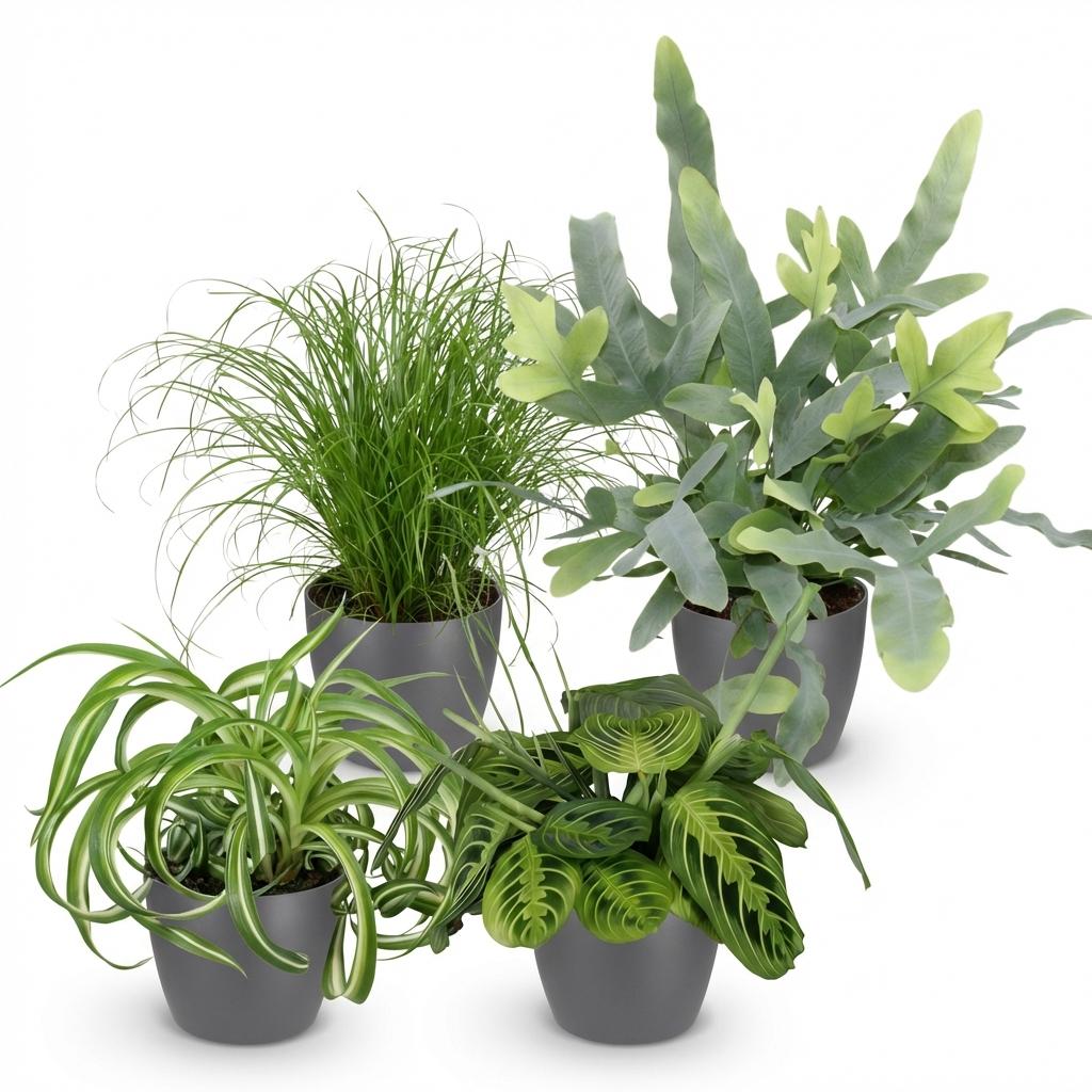 Vier Zimmerpflanzen im Everspring-Set, inklusive Chlorophytum, Cyperus, Phlebodium und Marantha in grauer, weißer oder Korb-Pot.